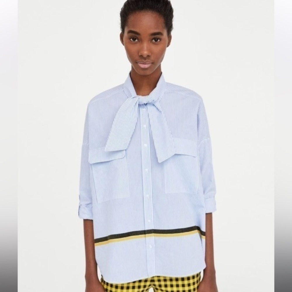 Zara Light Blue Pinstripe Tie-Neck Blouse with Yellow & Black Trim